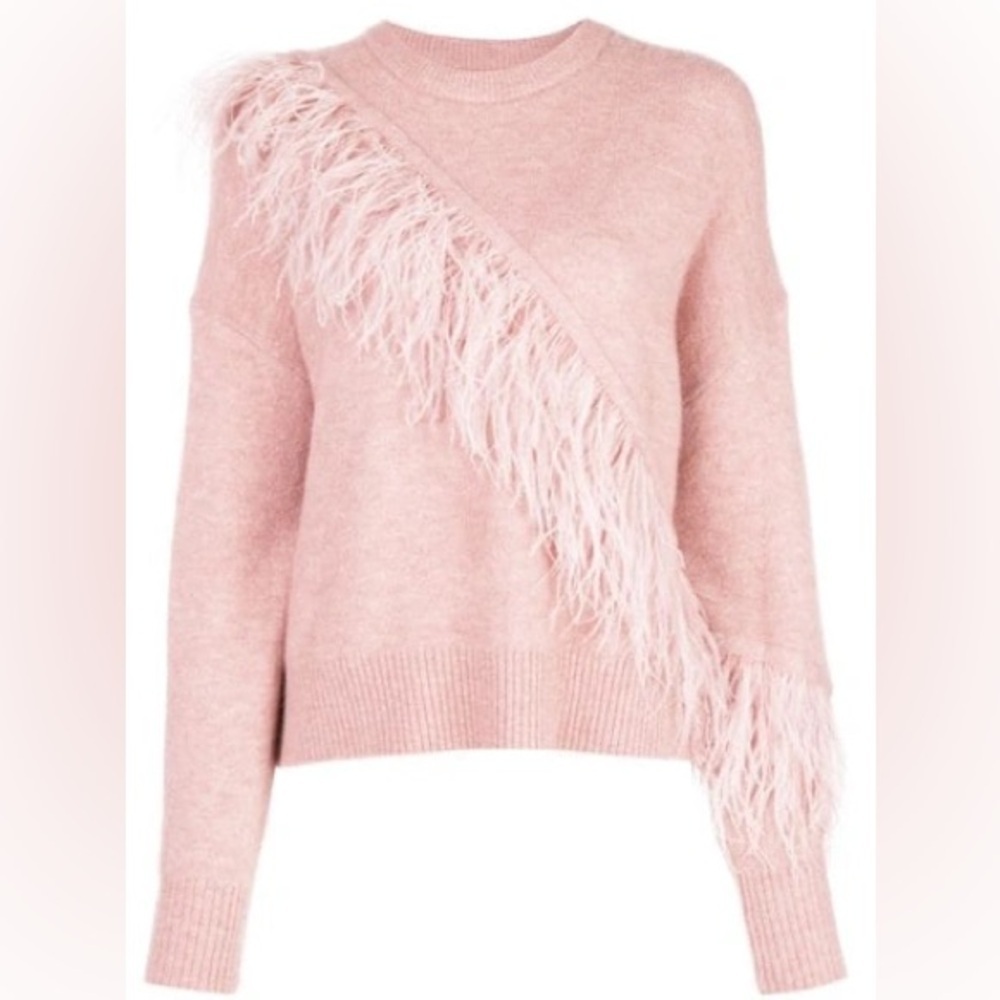 NWOT CINQ A SEPT MERRITT ostrich father trimmed l Sweater IN Peony Pink Size XS